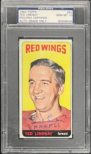 TED LINDSAY SIGNED 1964 TOPPS #82 RED WINGS TALL BOYS CARD PSA/DNA AUTO GRADE 10