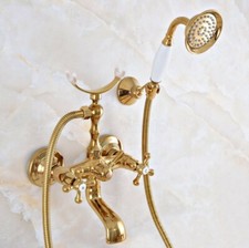 Gold Color Brass Clawfoot Bath Tub Faucet Telephone Design Handheld Shower Set