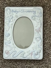 Russ Baby's Christening Picture Frame Gift Ceramic Boy Blue White Cross Doves