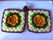 2 Vintage Handmade yarn Crochet 3D Rose Potholders Cottagecore Granny MCM floral