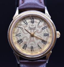 Vtg GUESS 1989 Women's Watch Gold Tone Geometric Dial Leather NEW BATTERY BAND