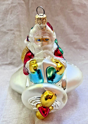 Kurt Adler Polonaise Santa in Airplane Glass Christmas Ornament 5.5'' Hand Blown