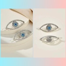 Rhinestone 2 Piece Eye Blue Hair Clips Silver Tone