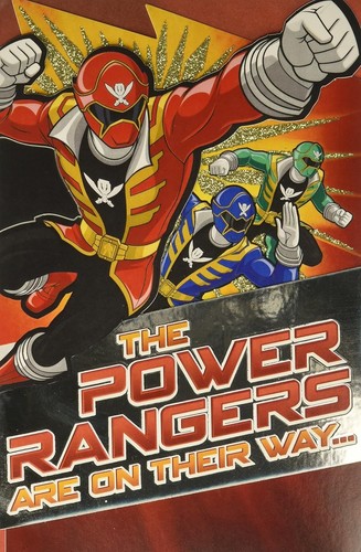 Power Rangers Geburtstag Grußkarte dreifach faltbar Glitzer Akzente Super Mega Force