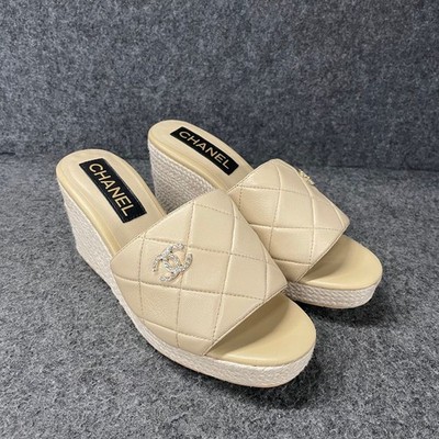CHANEL Epadrille Wedge Sandals Women's Size 35/US 5 Beige