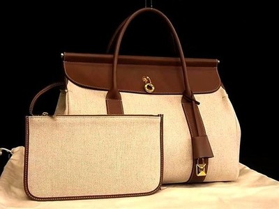 Loro Piana Loom L32 Canvas Leather Hand bag Beige with Pouch BQ2688