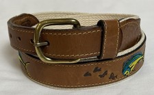 Reef Riders Embroidered Fishing Belt Men  s Sz 30 Brown Leather Cotton Lined USA