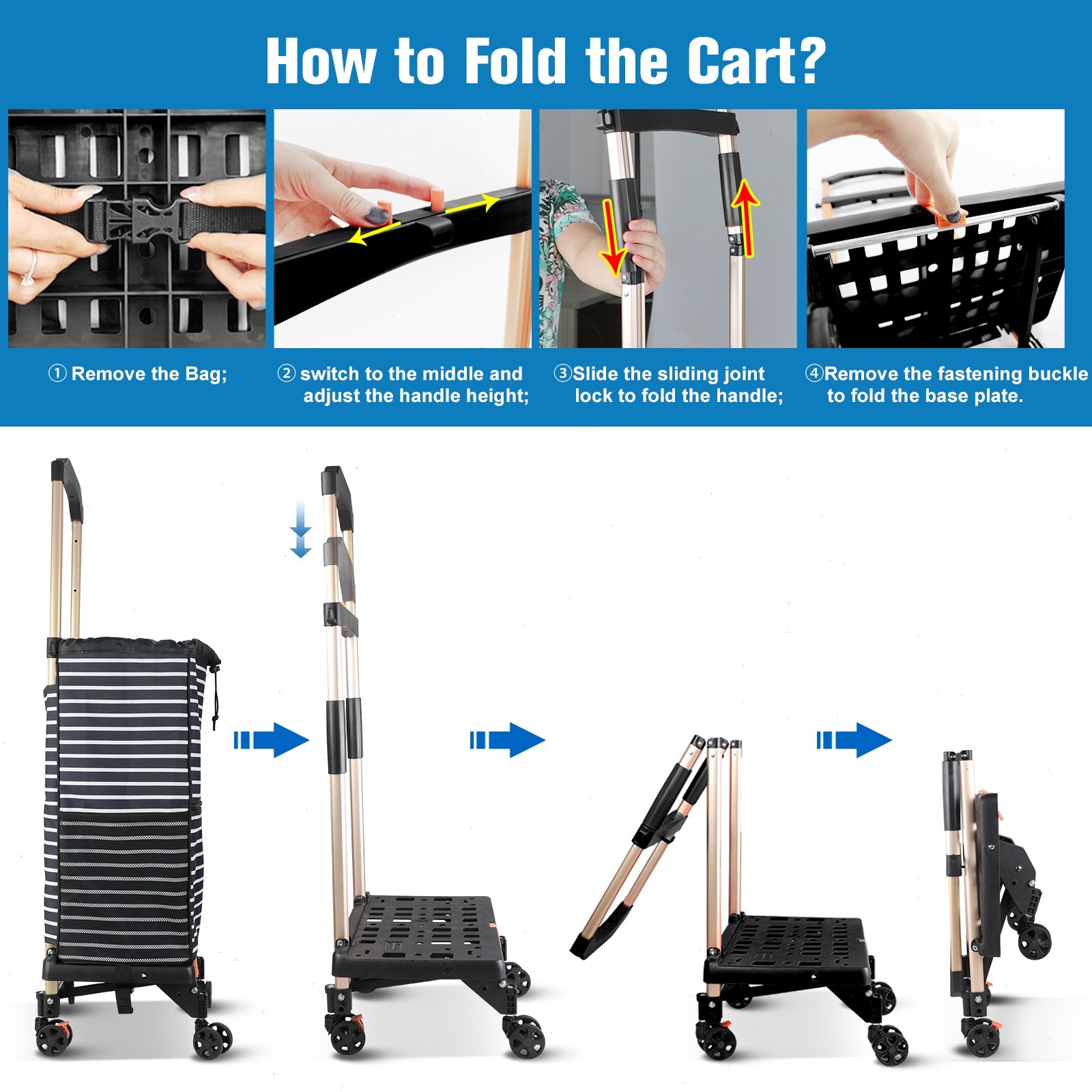 2-In-1 Folding Utility Shopping Cart Easy Transport Aluminum Grocery Cart