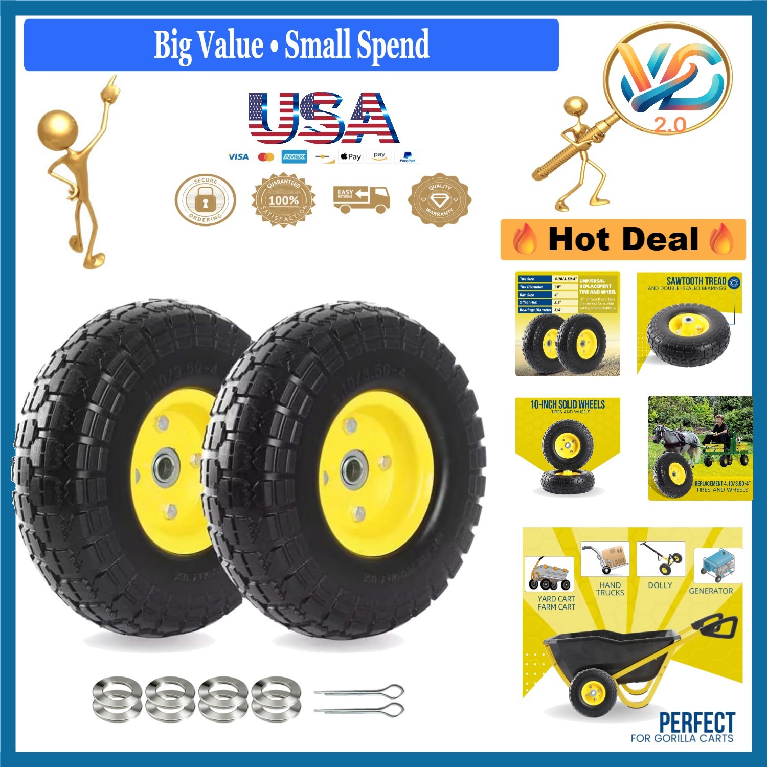 2-Pack 10-Inch Flat Free Tires and Wheels for Hand Truck, Cart, Wheelbarrow, ...