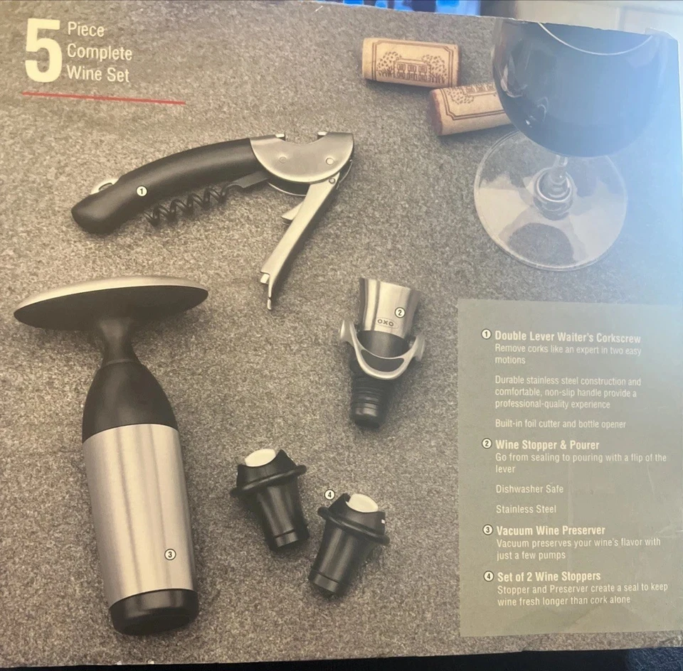 Juego completo de vino de 5 piezas OXO SoftWorks. Usado en excelente estado! Ya no se hace y es difícil de encontrar Foto 2 de 4
