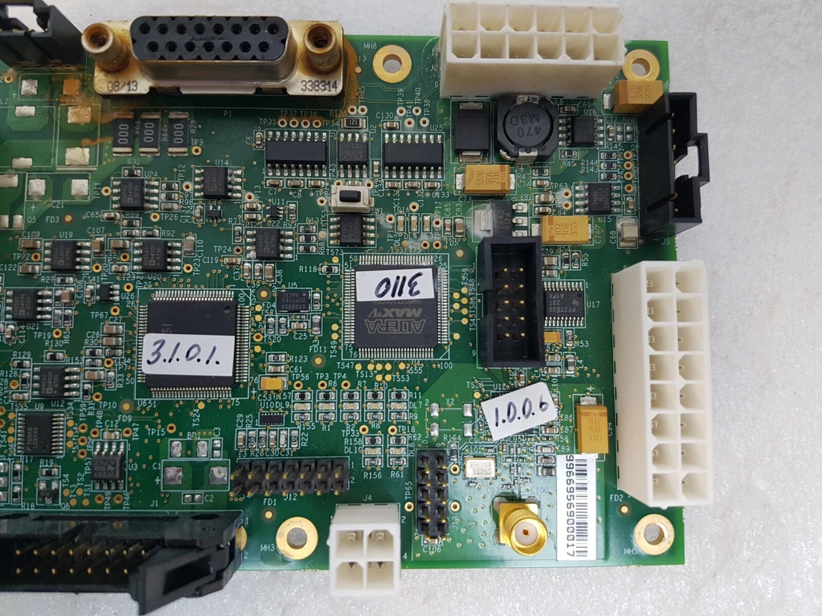 Right side of the Lumenis Aquarius board: Altera MAX V, white power headers, SMA connector