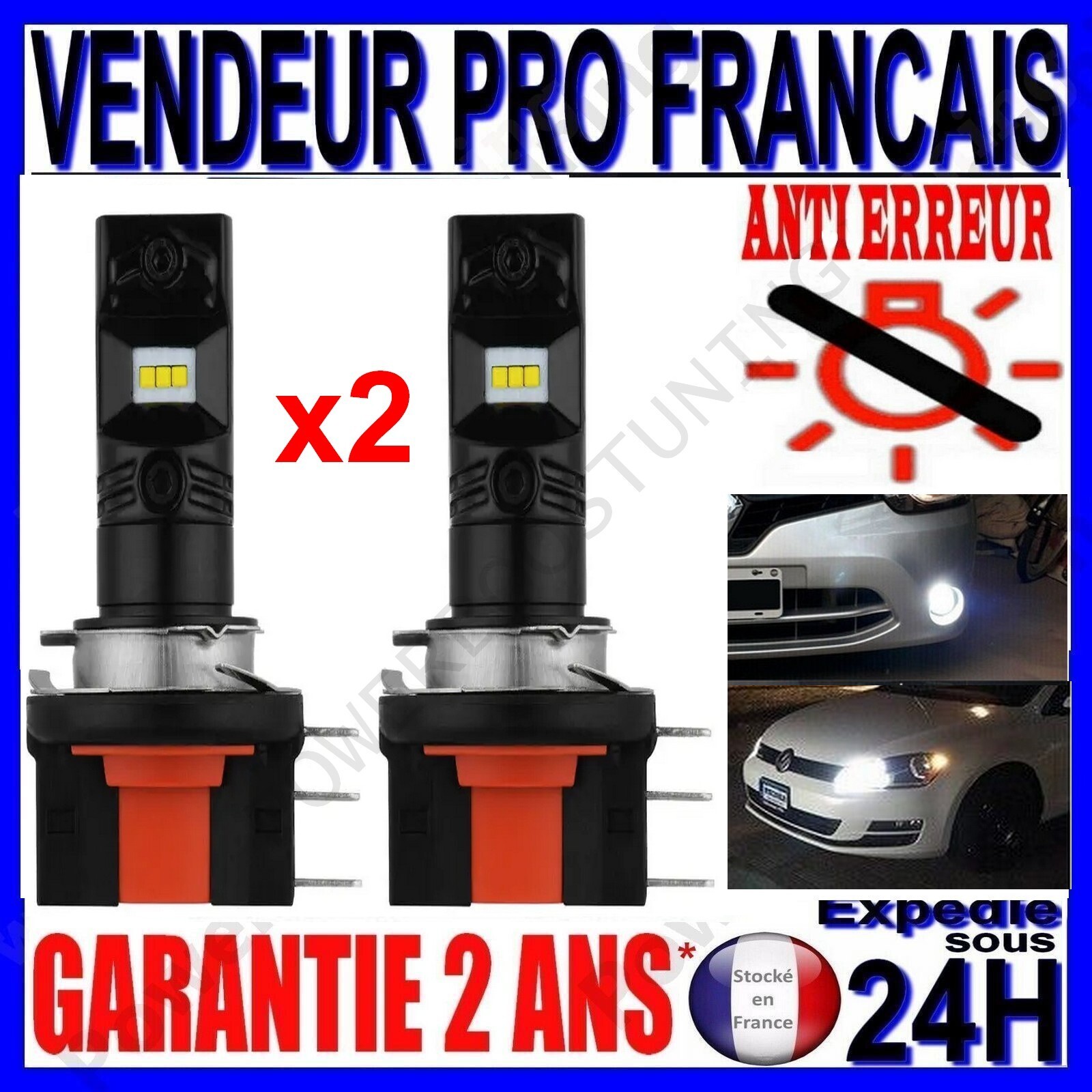 Feux de jour H15 LED 120W anti-erreur avec faisceau blanc xenon 6500K pour Audi