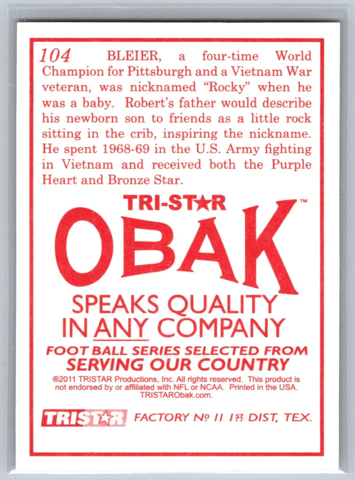 2011 TRISTAR Obak Rocky Bleier #104 - Image 2 of 2