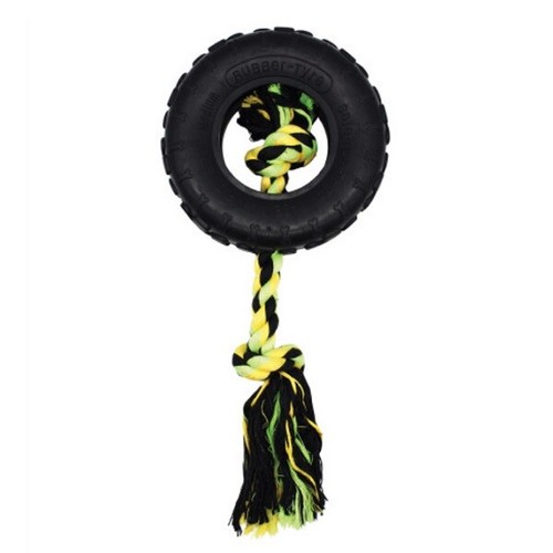 Grrrelli Rubber Dog Toy Tough Treat Dispensing Tyre Tug Rope Throw & Fetch Play - Picture 14 of 15
