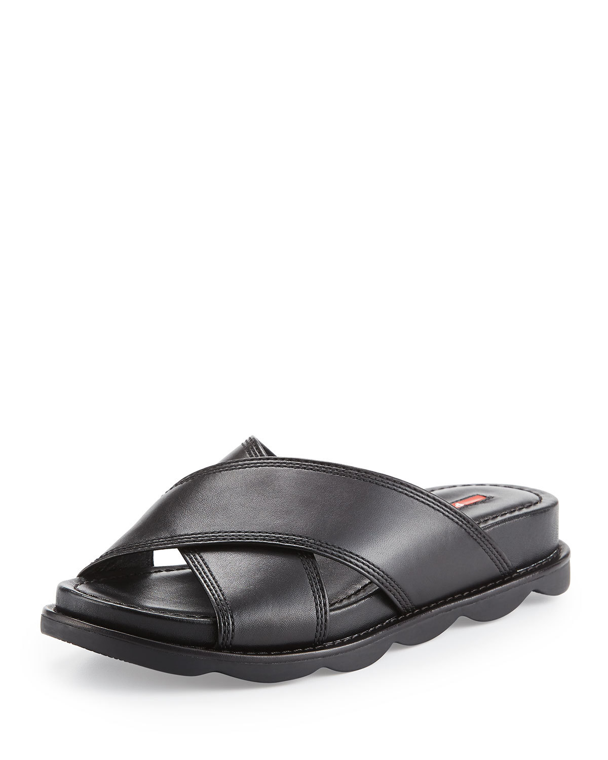 NEW Prada Linea Rossa Crisscross Leather Slide Flat Sandals Black  |  eBay