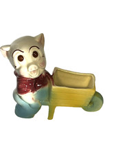 Happy Porky Pig Planter With Wheelbarrow Ceramic MCM Figurine Vintage Decor