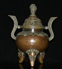 9.6" Old Chinese Purple Copper 2 Ear Dragon Beast Lid Incense Burner Censer