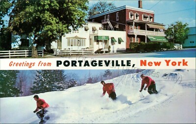Portageville, New York - Greetings, Skiing Genesee Falls Inn - Vtg NY Postcard