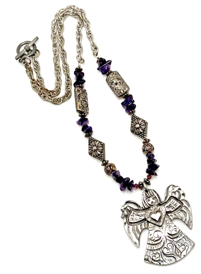 Collar Colgante Ángel Caridad Peltre Marcie Vintage Cuentas Amatista 24" Foto 2 de 4