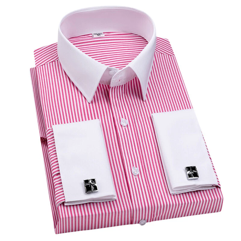 Mens Dress Shirts The White Collar Luxury Slim Fit French Cuff Formal Shirts Top - Image 3 of 4