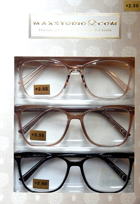 MAX STUDIO 3-PACK PREMIUM READING GLASSES READERS +1.50+2.00+2.50+3.00 NEW