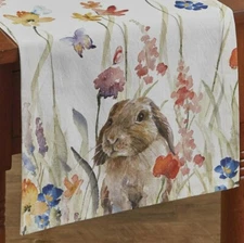NEW SPRING Table Runner ENCHANTMENT Flowers Rabbit 14"x42" Cottage Chic Cotton