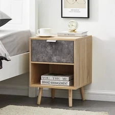 Nightstand Bedside Table Cabinet Bedroom Wood Color&Grey 1 Drawer Open Storage