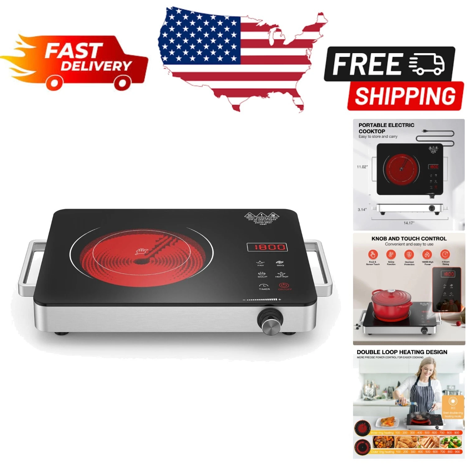 Efficient 1800W Portable Electric Cooktop - Timer, Touch & Knob Control Features