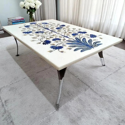 Marble with Semi precious stone Inlay Tabletop, 48" x 30" Dining tabletop decor - Picture 5 of 14