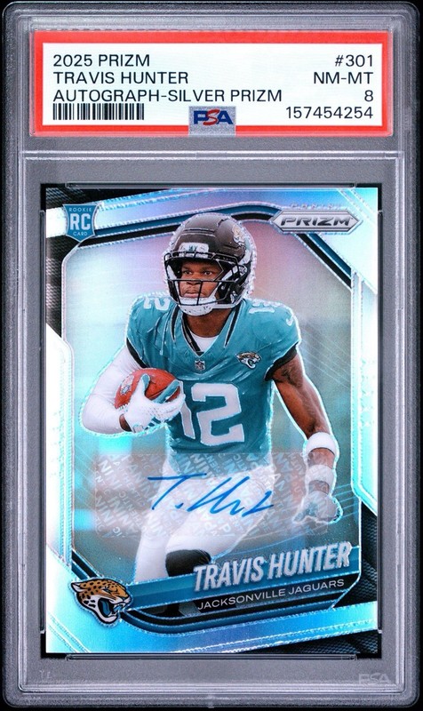2025 PANINI PRIZM #301 TRAVIS HUNTER AUTOGRAPH-SILVER PRIZM PSA NM 8