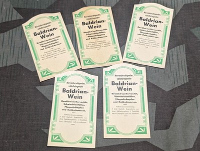 Vintage German Baldrian Wein Paper Labels Lot of 5 Valerian Wine 1940s 1950s 30s