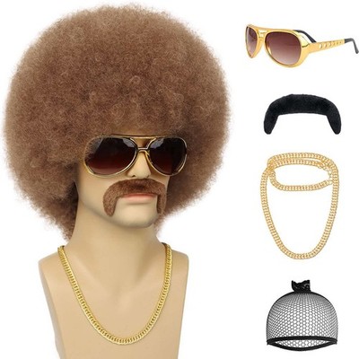 Men Afro Wig with Beard Sunglasses Necklace Complete Costume Set Heat Resistant