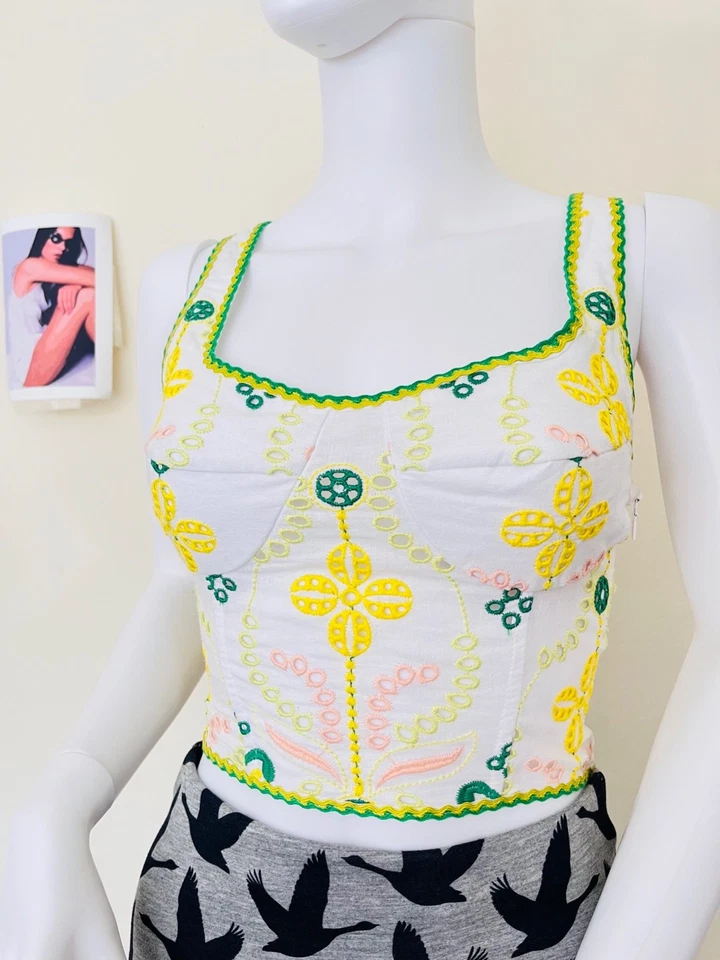 Charo Ruiz Mariel cream top floral embroidery & green ric-rac trim. RRP: £255. S - Image 1 of 4
