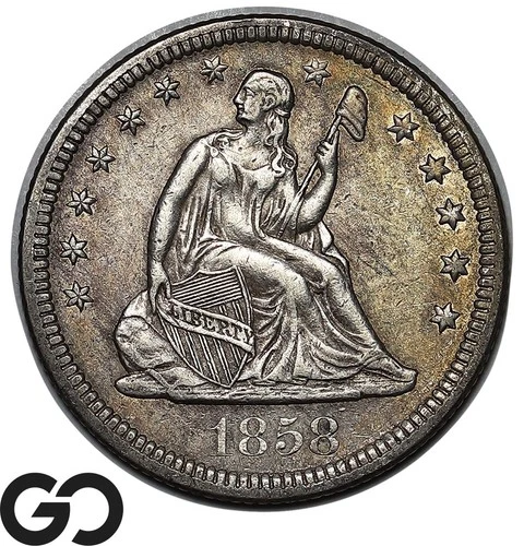 1858 Seated Liberty Quarter, Choice AU++ Collector Type Coin