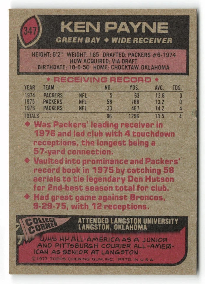 1977 Topps #347 Ken Payne Green Bay Packers - Image 2 of 2