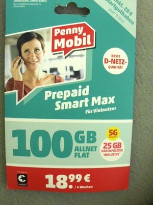 Prepaid Smart Max * Penny Mobil * 100GB Allnet Flat inkl. 20   Startguthaben