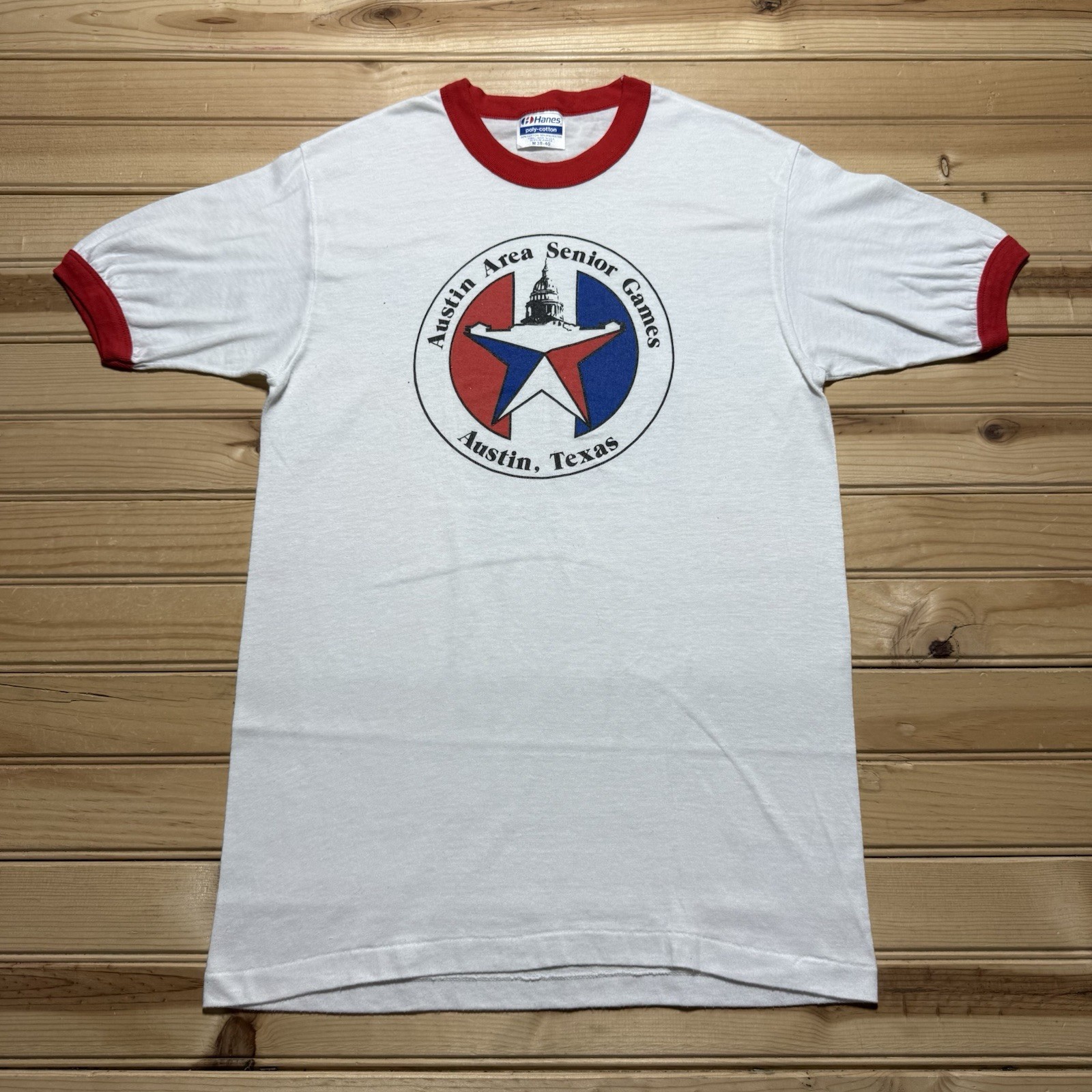 Vintage 80s Austin Area Senior Games Texas Capitol Ringer Shirt Size Medium