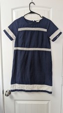  Blue White Striped Short Sleeve Shift Dress Round Neck Crochet Zip Size S