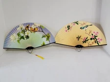 Vintage Paper Fold Away Fan Floral Birds - Lot of 2