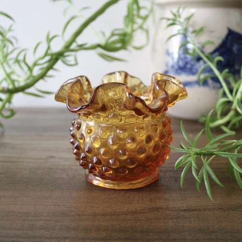 Vintage Fenton Amber Glass Opalescent Hobnail Ruffled Rose Bowl Vase 3” Orange
