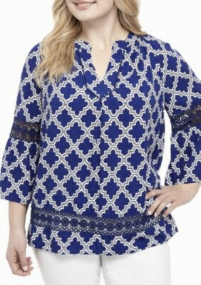 NWT $72 Crown Ivy Royal Blue Crochet Detail Bell Slv Women's Top Blouse Plus 3X