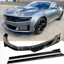 For 2016-2024 Chevy Camaro 1LE Style Glossy Blk Front Bumper Lip Side Skirt ABS