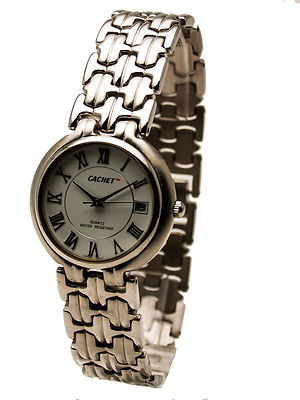 CACHET:STAINLESS STEEL SILVER COLOR LINK BAND ANALOG QUARTZ WHT DIAL,DATE WATCH 