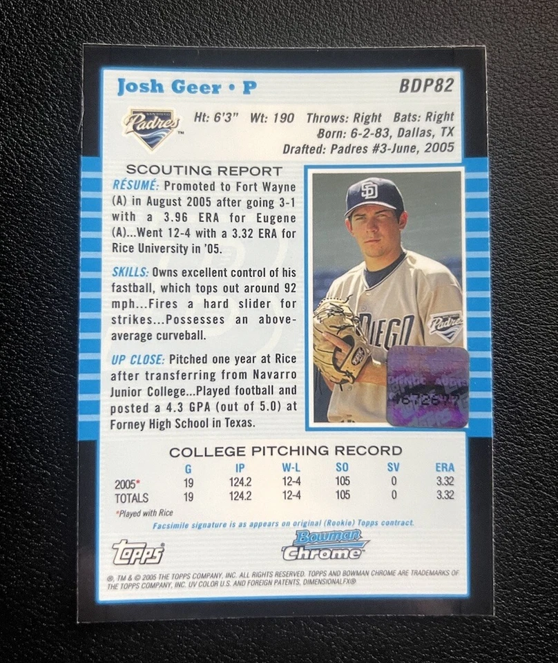 2006 Bowman Chrome Prospects Auto /138 Josh Geer #BC232 Padres - Image 2 of 2