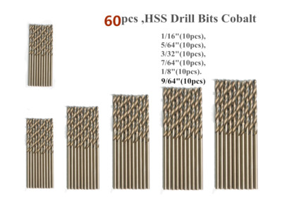 60pcs (1/16'',5/64'',3/32'',7/64'',1/8'',9/64''), M35 Cobalt Drill Bit Jobber Length