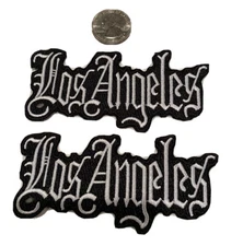 (2)- LOS ANGELES~EMBROIDERED IRON ON  PATCHES.  (White)  4"x 2” Beautiful!