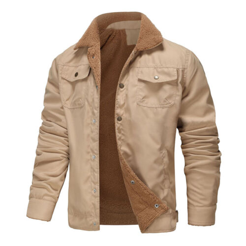 Men Fleece Lined Cargo Jacket Warm Coat Trucker Sherpa Fur Collar Lapel Outwear - Picture 11 of 19