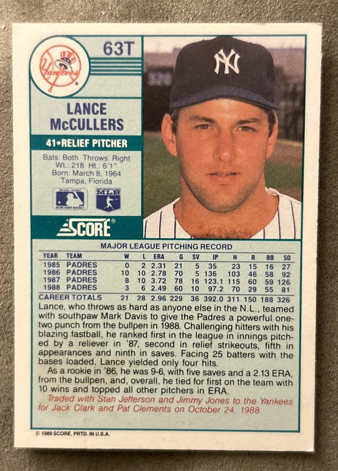 1989 Score Traded Lance McCullers Baseball Card #63T Yankees Pitcher VG - Image 3 of 3