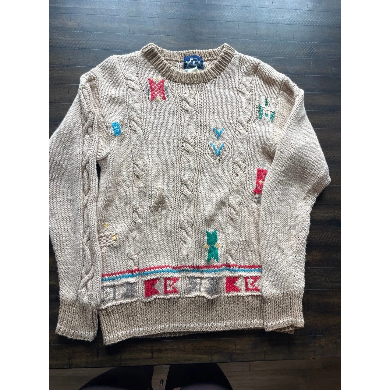Woolrich Vintage Cable Knit Sweater Multi Color Applique Tan Mens Size L