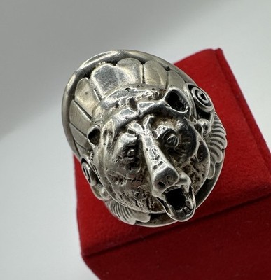 Massiver silber Herrenring Ring Bärenkopf mit indianischem Federschmuck